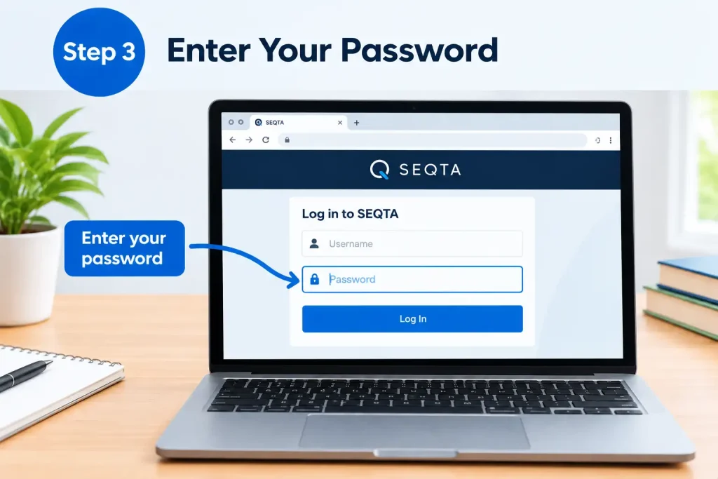 Step 3 showing where to enter your password on the School SEQTA login page