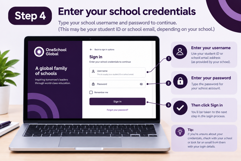 Step 4 showing how to enter OneSchool Global school username and password