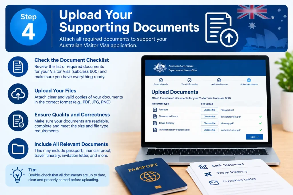 Step 4 showing how to upload supporting documents for an Australian Visitor Visa application.