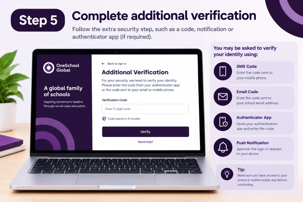 Step 5 showing how to complete additional OneSchool Global login verification