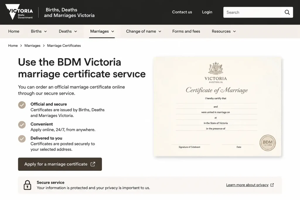 BDM Victoria marriage certificate service for ordering an official marriage certificate online