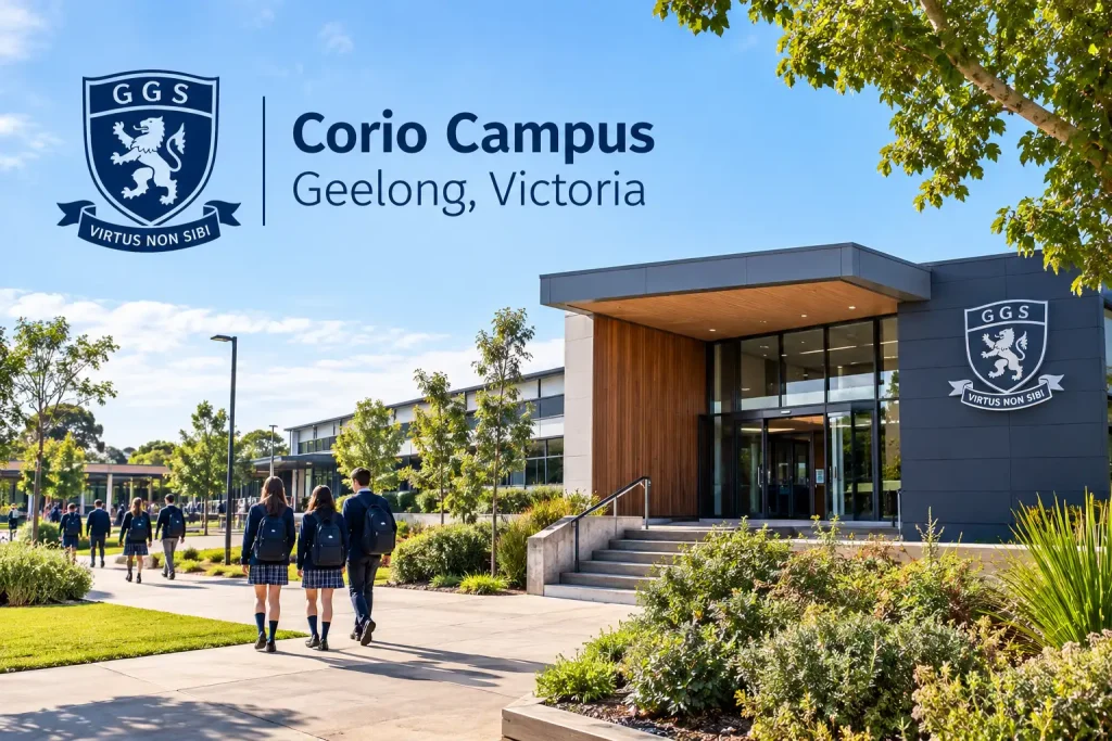Corio Campus in Geelong, Victoria, featuring modern school buildings, landscaped gardens, and student walkways.
