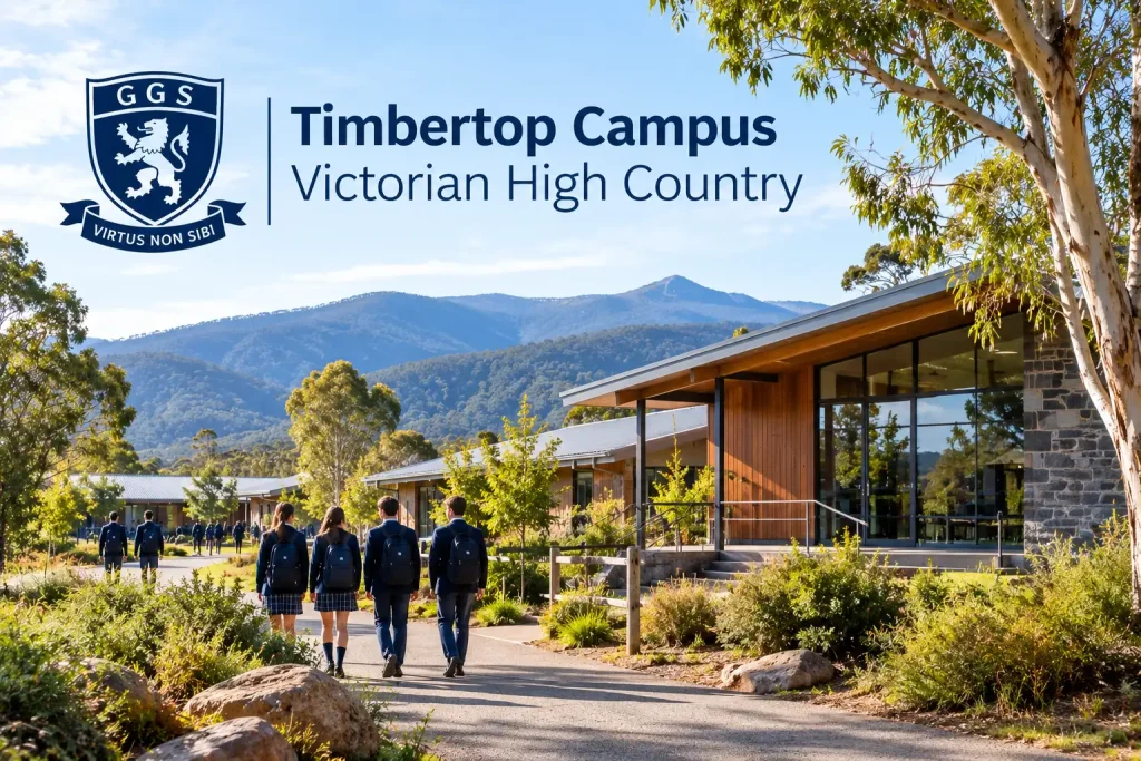 Timbertop Campus in Victoria’s High Country, featuring modern school buildings, native Australian landscapes, and mountain views.