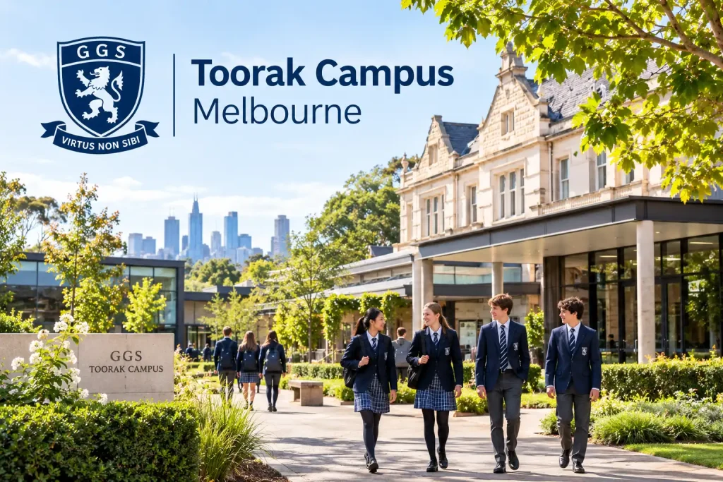 Toorak Campus in Melbourne featuring school buildings, landscaped gardens, and students in navy uniforms.
