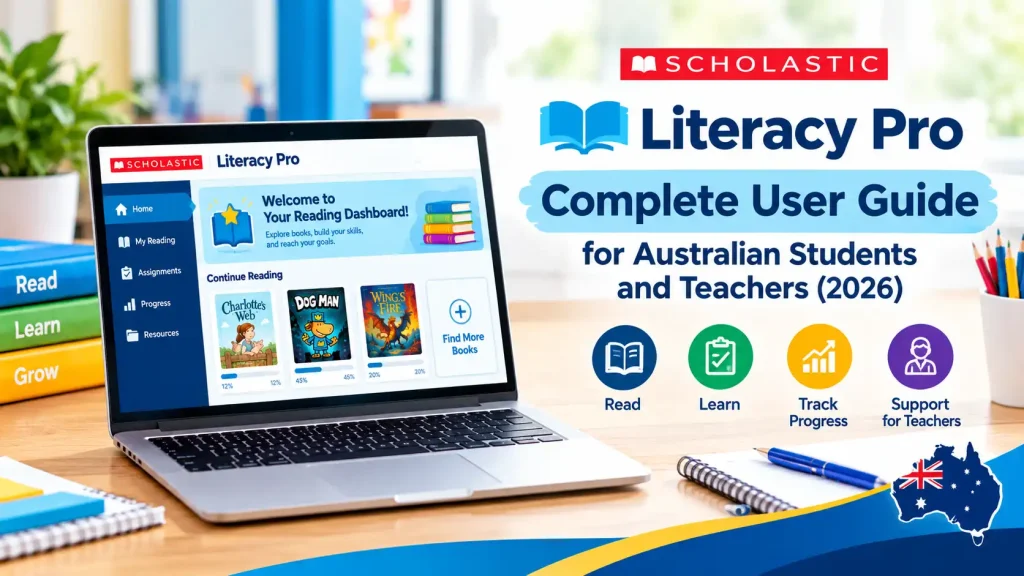 Scholastic Literacy Pro complete user guide for Australian students and teachers in 2026, featuring a laptop with the reading dashboard.