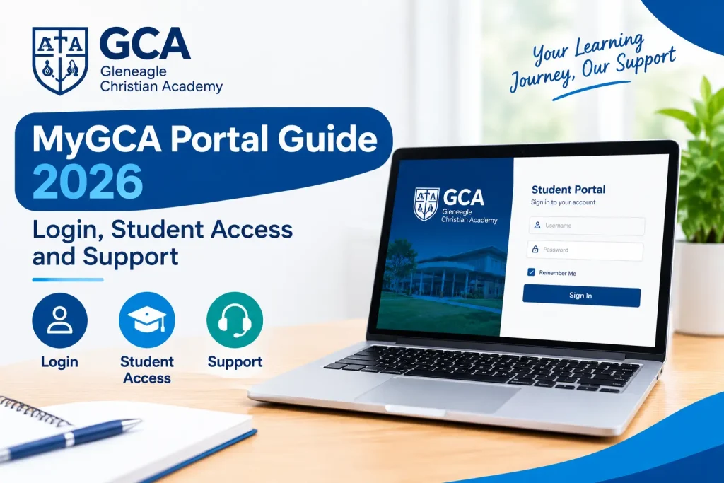 MyGCA portal guide 2026 featuring the GCA student login screen, student access, and support information.