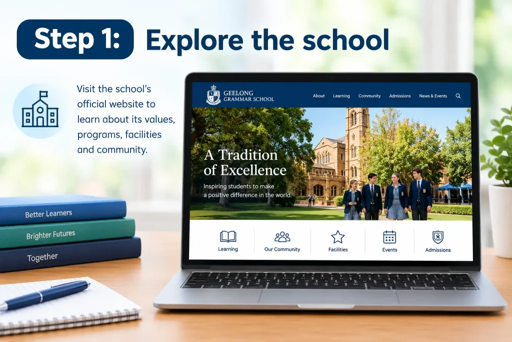 Explore Geelong Grammar School’s official website on a laptop to learn about school programs, facilities, values, and community.
