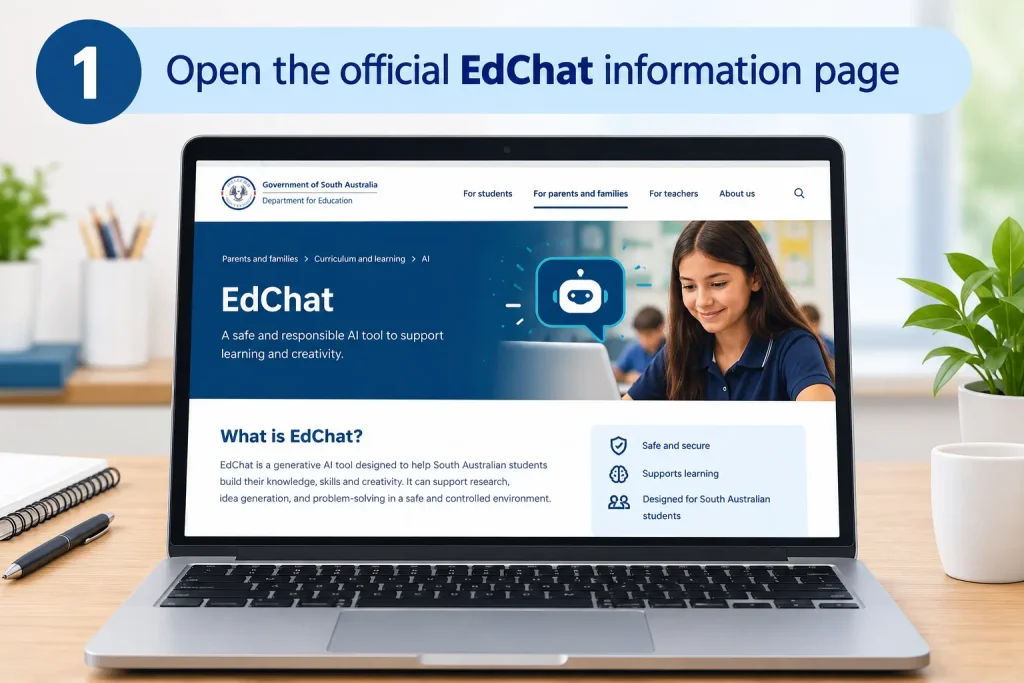 Laptop displaying the official EdChat information page from the South Australian Department for Education.