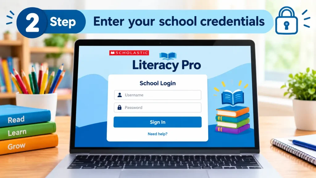 Scholastic Literacy Pro school login screen on a laptop with username and password fields.