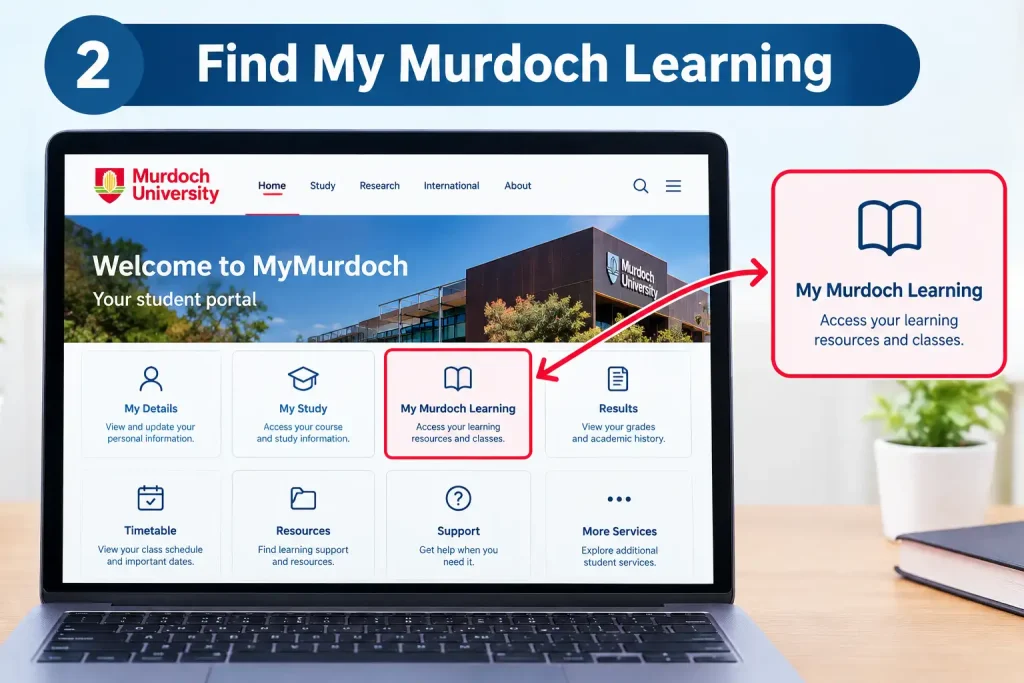Step 2 find My Murdoch Learning in the Murdoch University student portal