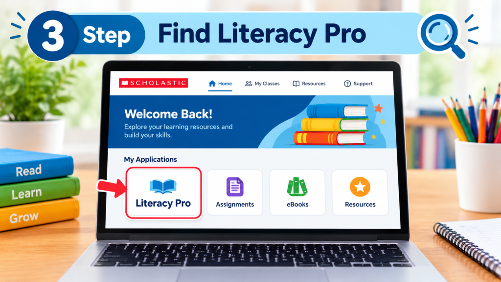 Scholastic learning dashboard displaying the highlighted Literacy Pro application tile on a laptop.