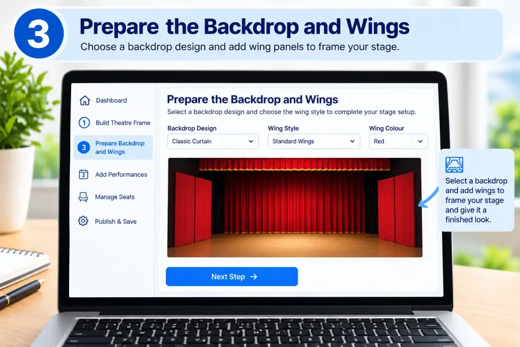Step 3: Prepare the backdrop and wings for a theatre setup