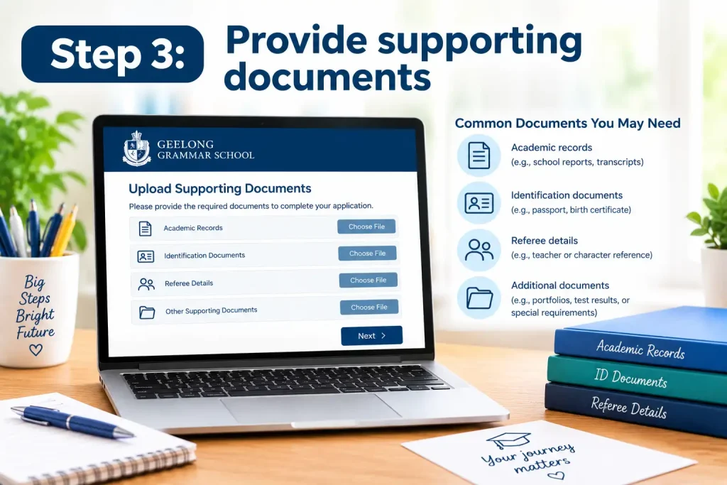 Upload supporting documents for a Geelong Grammar School application, including academic records, identification documents, and referee details.
