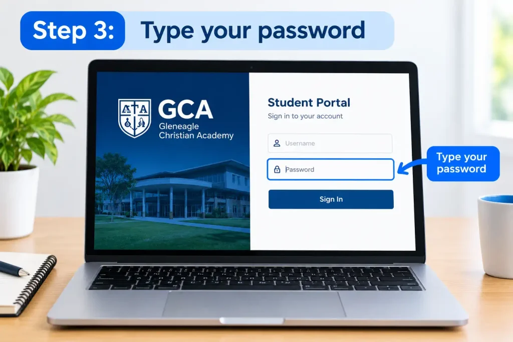 GCA student portal login screen highlighting the password field on a laptop.