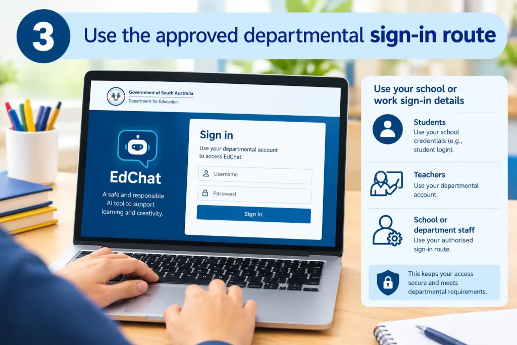 Laptop displaying an EdChat sign-in screen with guidance for students, teachers, and eligible school staff.