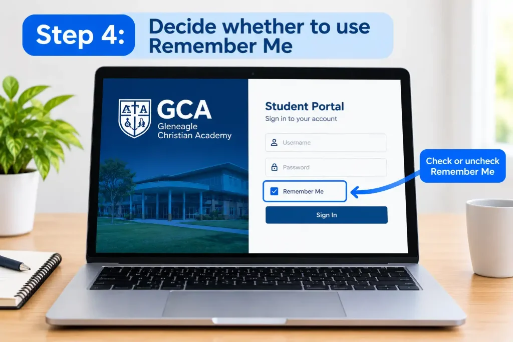 GCA student portal login screen highlighting the Remember Me checkbox on a laptop.