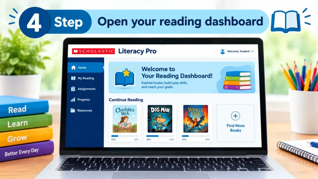 Scholastic Literacy Pro reading dashboard displayed on a laptop with reading books and progress sections.