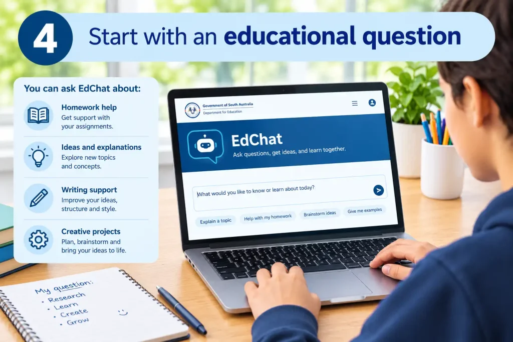 Student using EdChat on a laptop to ask educational questions and explore homework help, explanations, writing support, and creative ideas.