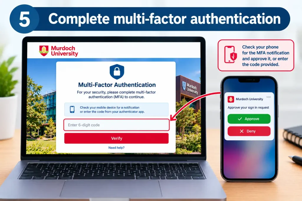 Step 5 complete multi-factor authentication for MyMurdoch student login