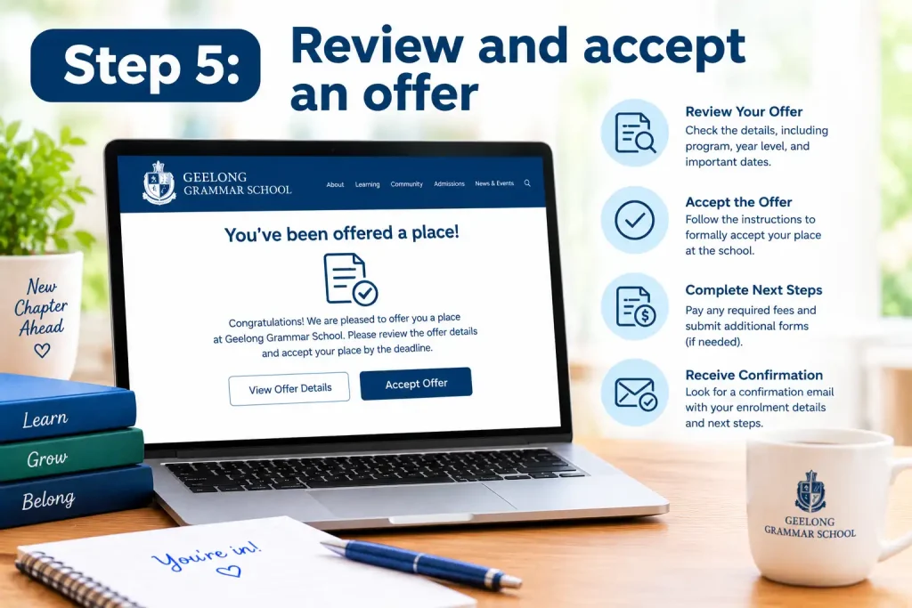 Review and accept a Geelong Grammar School offer using a laptop, checking admission details, deadlines, and enrollment requirements.
