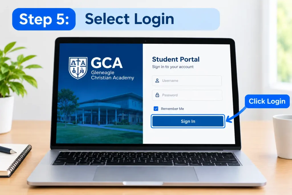 GCA student portal sign-in page with the Login button highlighted on a laptop screen.